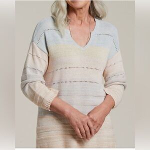 Tribal-Pastel 3/4 Sleeve Split Neck Sweater-Size:Medium